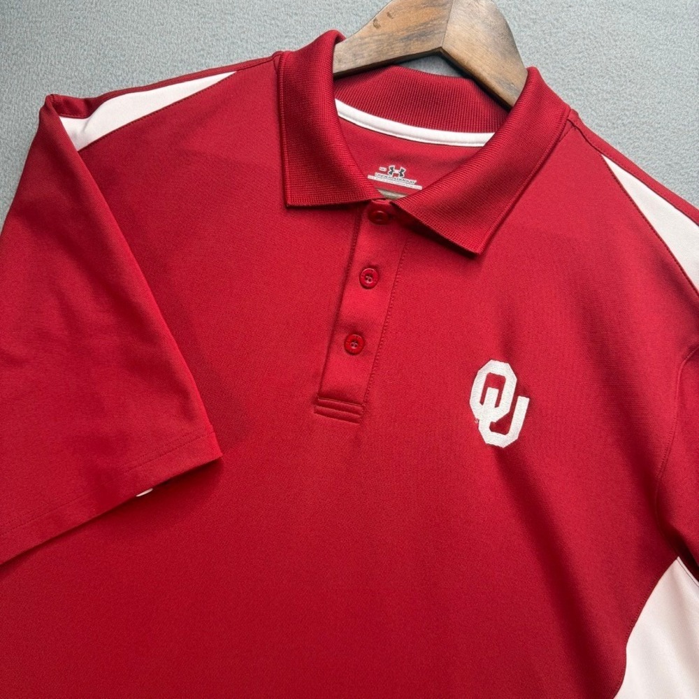 Under Armour Oklahoma Sooners Polo Shirt Mens Medium Red White Performance Golf
